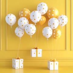 Cheerful Polka Dot Balloons and Gift Boxes on a Vibrant Yellow Wall Background