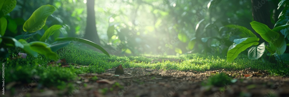 Poster Sunbeams are filtering through the lush canopy of a dense, vibrant forest, illuminating a bed of moss and creating a magical, enchanting atmosphere
