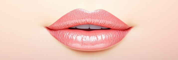Obraz premium Sensual female lips adorned with glossy pink lipstick, highlighting perfect white teeth, embodying ideals of beauty, cosmetology, lip augmentation, and dental care