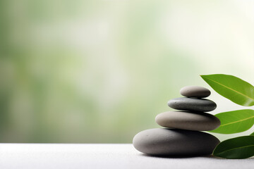 A tranquil and minimalist composition with smooth Zen stones stacked gracefully, accompanied by fresh green leaves