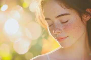 Fototapeta premium intimate natural light portrait of young woman with sunkissed freckles soft bokeh background capturing authentic beauty and gentle expression