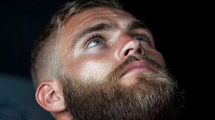Obraz premium Man with beard looking up, dark background, pensive mood, portrait photography