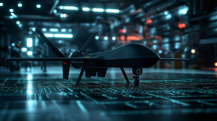 A war drone prototype with its sleek design illuminated by bright digital panels, displaying its advanced combat features in a futuristic military lab surrounded by industrial mach