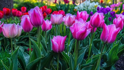 Obraz premium Pink tulips in the garden with dew