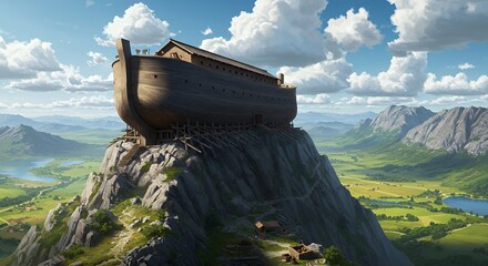 Noah's Ark on Mountain Peak Overlooking Valley with a Dramatic Sky
