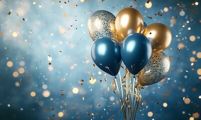 Holiday background with golden and blue metallic balloons, confetti and ribbons. Festive card for birthday party, anniversary, new year, christmas or other events. Created with generative Ai

