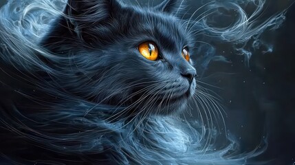 A mystical Persian cat emerges from flowing smoke and delicate wisps of ash, its luminous eyes radiating an enigmatic presence,