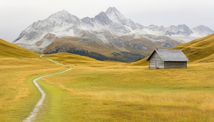 Rustic Cabin in Autumnal Field with Snow-Capped Mountains