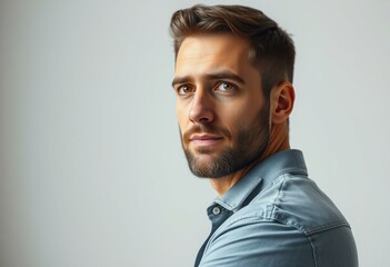 Obraz premium Photorealistic portrait of a man with a thoughtful stubble look