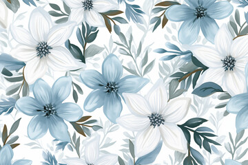 Fototapeta premium A seamless, hand-drawn doodle floral pattern in a soft winter color palette of pale dusty blue and white for seasonal fabrics, gift wrapping, holiday cards, wallpapers