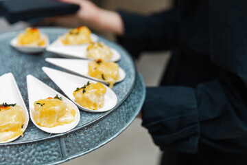 Delicious appetizers served on a platter during a formal gathering in an elegant venue at evening time