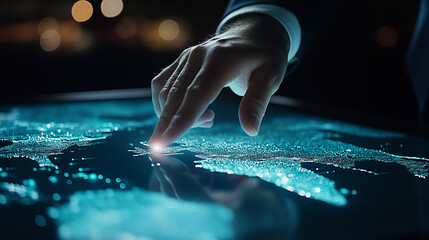 A business expertâs hand hovering over a glowing digital map, highlighting regions of interest, with financial and logistics data appearing in futuristic holographic projections.