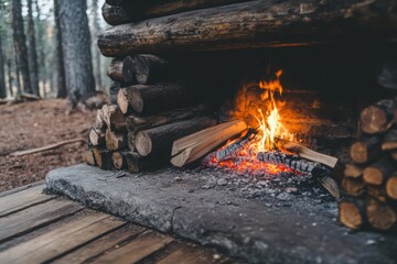 Rustic Log Cabin Fireplace with Warm Burning Fire in Forest Setting