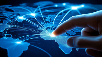 An entrepreneur's hand pressing a bright blue hotspot on a digital map, triggering glowing connection lines that expand across continents, symbolizing e-commerce growth.