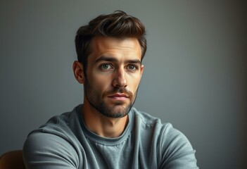 Obraz premium Photorealistic portrait of a man with a thoughtful expression