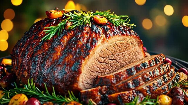 Grilled herb-crusted roast with garlic and grapes on open flame