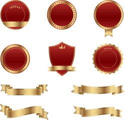 Elegant red and gold badges with red ribbons for premium branding and awards. Seals for certificates, product labels and exclusive promotions. Set of high quality vector designs