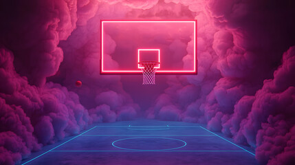 Neon Basketball Court with Dramatic Cloud Background