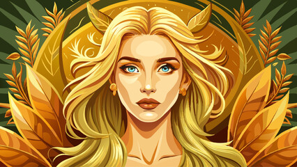 Portrait of beautiful model with blond hair in golden colors for an advertisement for cosmetics brand. Trend for individuality and naturalness. Banner.