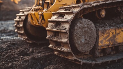 Close-up of Bulldozer Tracks in Muddy Construction Site