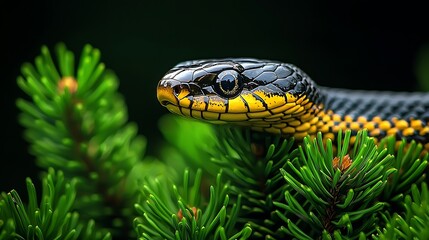 Fototapeta premium Close-up of a black and yellow snake on pine branches