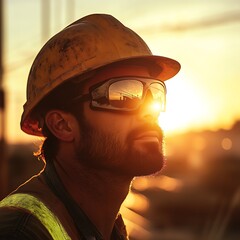 Focused Construction Worker in Portrait at Sun