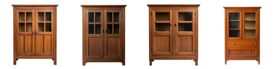 Wooden cabinets armoires and display shelves in various styles and designs for storage organization and home decor  These classic and modern furniture pieces can be used in living rooms bedrooms