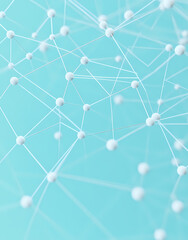 A network of interconnected nodes and lines representing digital connections, with white squares on a blue background
