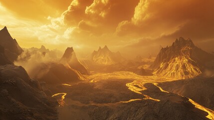 Naklejka premium Golden Hour Volcanic Landscape: A breathtaking view of fiery mountains and lava flows on an alien planet.