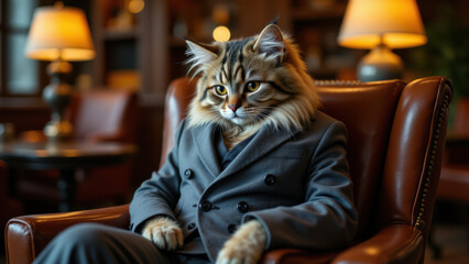A well-dressed cat in a suit, sitting comfortably on a leather chair.