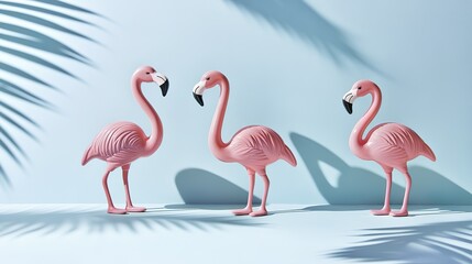 Obraz premium Flamingo toys in dynamic motion under sunny shadows with an optimistic color palette, presenting a simple yet creative composition, creating a bright and lively atmosphere