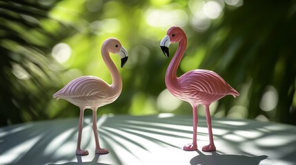 Flamingo toys in dynamic motion under sunny shadows with an optimistic color palette, presenting a simple yet creative composition, creating a bright and lively atmosphere