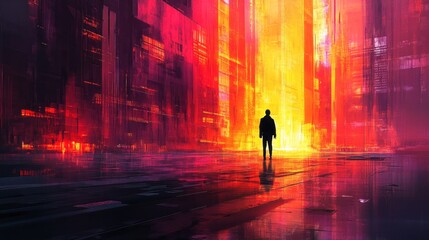 Obraz premium Silhouette stands amid fiery city reflections and architectural forms