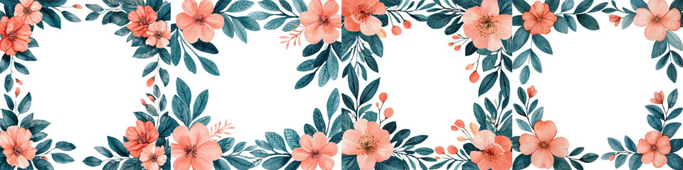Fototapeta premium Vibrant coral colored floral background with delicate petals and lush green botanical leaves Colorful and elegant decorative nature pattern suitable for summer spring or romantic themes