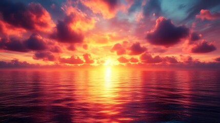 Fototapeta premium Fiery Sunset Over Calm Ocean Waters Reflecting Vivid Colors
