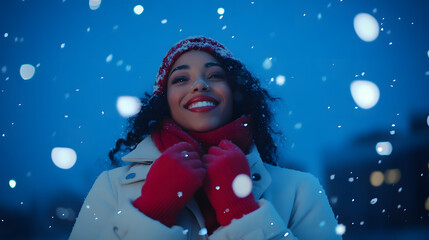 A beautiful woman in a white winter coat with a red scarf and gloves stands under the blue sky
