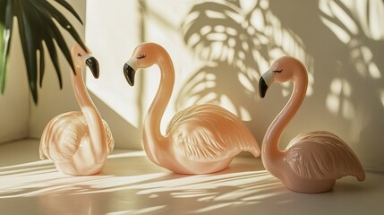 Flamingo toys in dynamic motion under sunny shadows with an optimistic color palette, presenting a simple yet creative composition, creating a bright and lively atmosphere