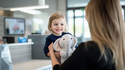 A stylish, modern dental office where a smiling mother lifts her toddler onto her hip. The child holds a plush elephant while the receptionist warmly acknowledges them.