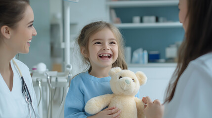 A modern, stylish dental clinic with calming tones, where a mother carries her child. The child, holding a favorite stuffed toy, laughs as the mother and receptionist chat.