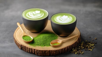 Two Cups of Matcha Latte with Latte Art on Wooden Board