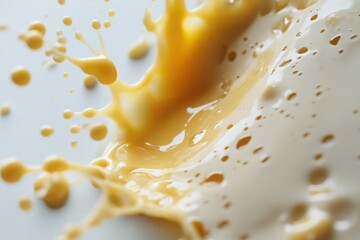 Splashes of pineapple juice on a white background, with visible drops and shades of yellow. 