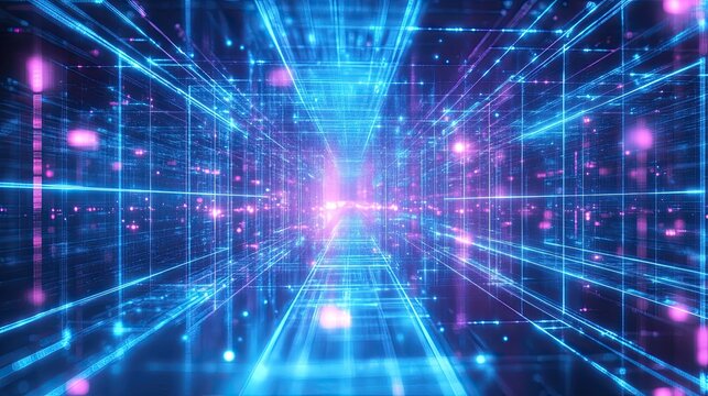 Digital Data Highway: Dive into a mesmerizing digital realm with glowing lines and grids, creating an immersive tunnel of data.