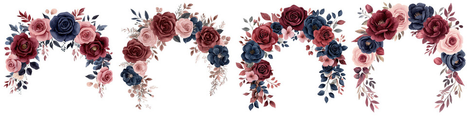 Elegant Floral Bouquet with Red and Pink Roses on Blush Backdrop for Greeting Card or Wedding Invitation  Romantic vintage inspired arrangement with burgundy navy and autumnal leaves and blooms