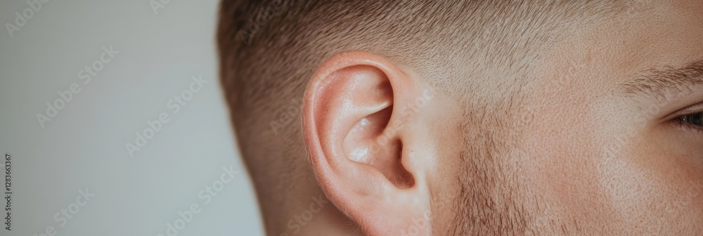 Poster detailed close up captures a man's ear, highlighting its intricate structure and emphasizing the imp