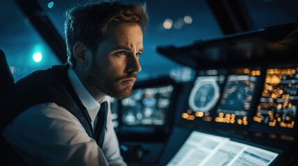 Focused Pilot in Cockpit During Night Flight with Control Panel Glow
