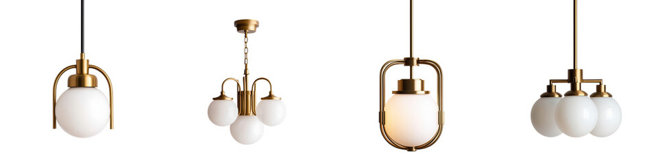 Fototapeta premium Elegant minimalist lighting fixtures like pendants and chandeliers hanging from the ceiling illuminating a modern white and contemporary interior design room or living space
