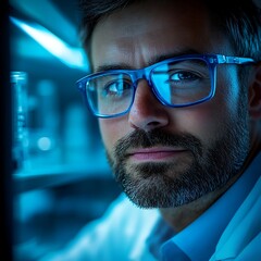 Close-up Portrait of Scientist in Blue Lab Setting
