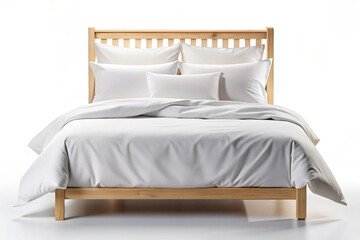 Cozy Bedding: A meticulously arranged bed with crisp white linens and plush pillows invites relaxation and comfort. The elegant wooden frame adds warmth to the serene scene.