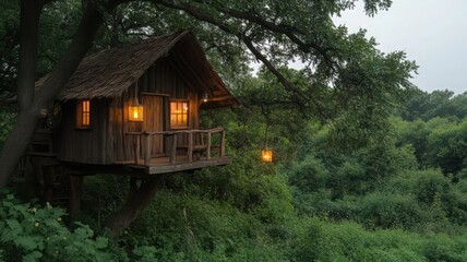 Rustic Wooden Tree House in Lush Forest at Dusk
