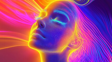 Abstract neon portrait of young female with digital lines and vivid colors